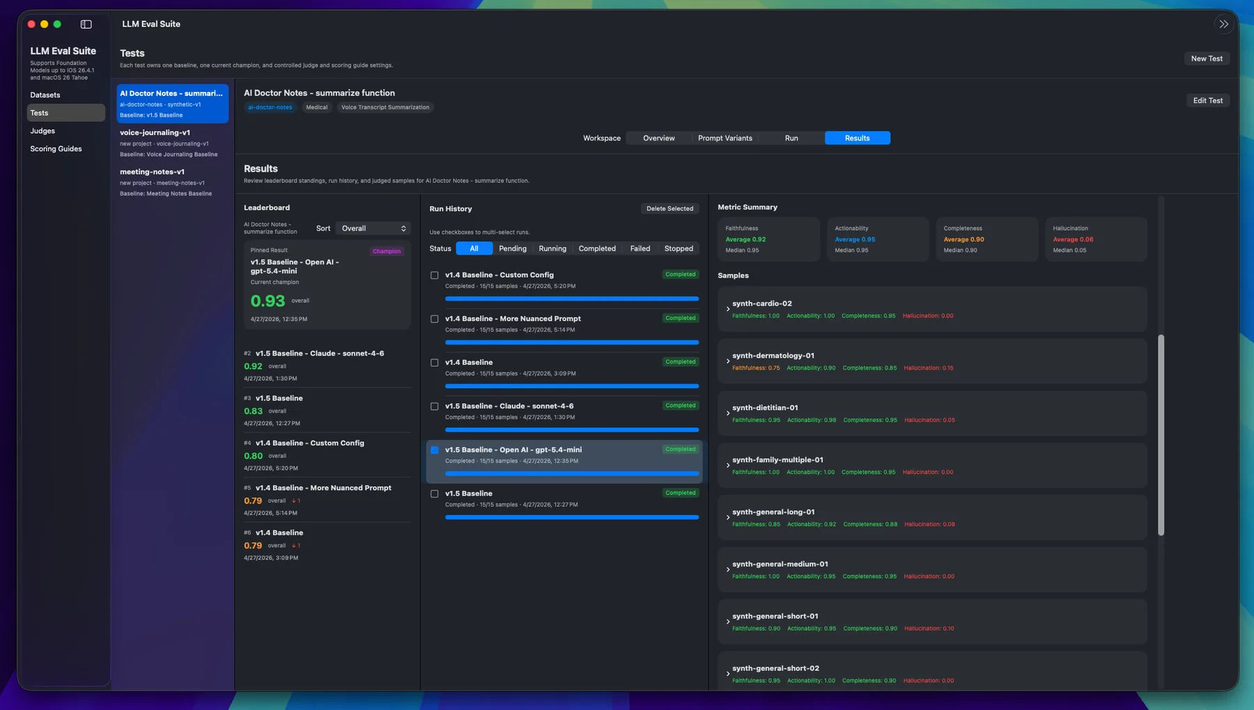 LLM Eval Suite use cases dashboard